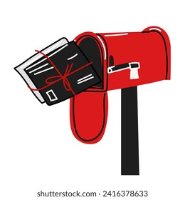 A red mailbox with a flat letter in the style of doodles. A bunch of letters are shoved into the mailbox. An isolated mailbox with an envelope for correspondence. Vector illustration. Lovers'