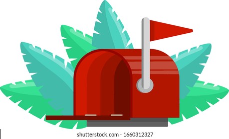 Red mailbox. Green leaves of plant. Communication between people. Place for envelopes, correspondence. Work of post office. Send mail. Cartoon flat illustration