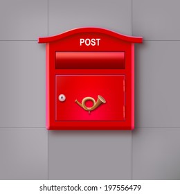 Red mailbox hanging on the wall with the  postal horn.
