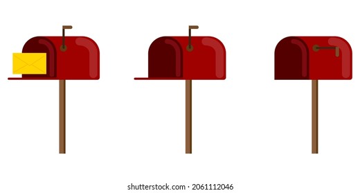 Conjunto de iconos de buzón rojo. Abran y cierran los carteles. Estilo plano. Información de correspondencia. Ilustración vectorial. Imagen de archivo. E