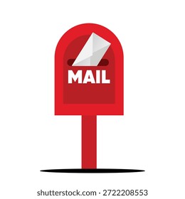 Red Mailbox Illustration with White Envelope, Post Box for Letter Delivery and Communication Service, Vector News Correspondence Icon isolated on White Background