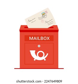 Roter Briefkasten mit einem Brief. Metallbehälter zur Aufbewahrung von Post. Flache Illustration einzeln auf weißem Hintergrund