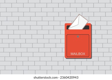 Red mailbox with letter. Metal postbox on horizontal brick wall. Cartoon letterbox for the post. Mail delivery concept banner. Place for text. Flat Vector illustration