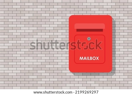 Red mailbox with letter. Metal postbox on horizontal brick wall. Cartoon letterbox for the post. Mail delivery concept banner. Place for text. Flat Vector illustration eps 10