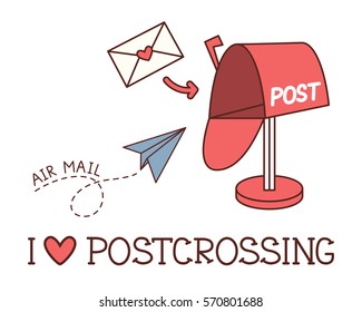 Red mailbox and letters. Inscription "I like postcrossing". Vector illustration.