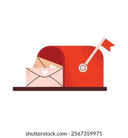 Red mailbox with love letters inside. Ideal for Valentine's Day greeting cards, romantic messages, and festive designs. Flat vector illustration isolated on white background.