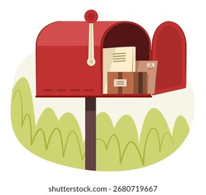 Buzón rojo con el correo y el paquete para el arte del Clip de la ilustración del concepto postal