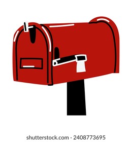 Red mailbox near the house on a white. Modern vector illustration, hand-drawn. An isolated design element. Delivery, message, communication concept. Mailbox, mailbox box, letter box, mail, post