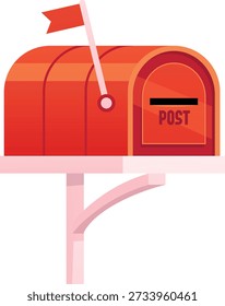 A red mailbox on a pole with a raised flag and a closed door with a slot. Outdoor container for receiving, sending, and storing letters. Mail container. Vector. Flat cartoon style.