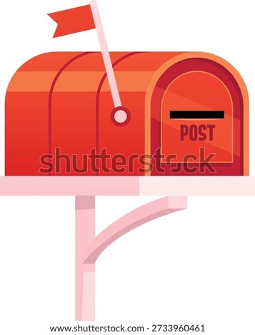 A red mailbox on a pole with a raised flag and a closed door with a slot. Outdoor container for receiving, sending, and storing letters. Mail container. Vector. Flat cartoon style.