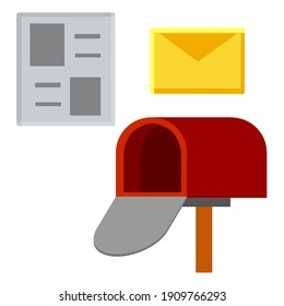 Roter Briefkasten auf Stock. Cartoon-Flachbild-Illustration. Nachrichten und Zeitung. Kommunikation zwischen Menschen. Ort für Briefumschläge, Korrespondenz. Postarbeit. E-Mail senden