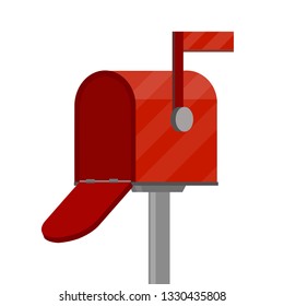 Red mailbox on a stick. Communication between people. Place for envelopes, correspondence. The work of the post office. Send mail. Cartoon flat illustration