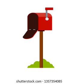 Red mailbox on a stick. Communication between people. Place for envelopes, correspondence. The work of the post office. Send mail. Cartoon flat illustration