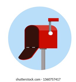 Red mailbox on a stick. Communication between people. Place for envelopes, correspondence. The work of the post office. Send mail. Cartoon flat illustration