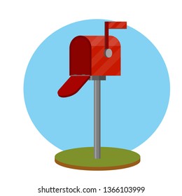 Red mailbox on a stick. Communication between people. Place for envelopes, correspondence. The work of the post office. Send mail. Cartoon flat illustration