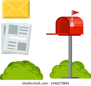 Red mailbox on stick. Communication between people. Place for envelopes, correspondence. work of post office. Send mail. Cartoon flat illustration. News and newspaper, green bushes.