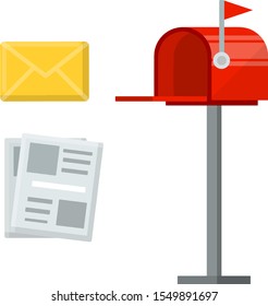 Red mailbox on stick. Communication between people. Place for envelopes, correspondence. work of post office. Send mail. Cartoon flat illustration. News and newspaper.