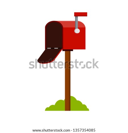Red mailbox on a stick. Communication between people. Place for envelopes, correspondence. The work of the post office. Send mail. Cartoon flat illustration