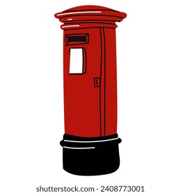 A red mailbox pillar on a white background. Modern vector illustration, hand-drawn. An isolated design element. Delivery, message, communication concept. Mailbox, mailbox box, letter box, mail, post