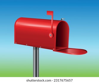 Ilustración vectorial 3d de un buzón rojo con una bandera izada y una puerta abierta