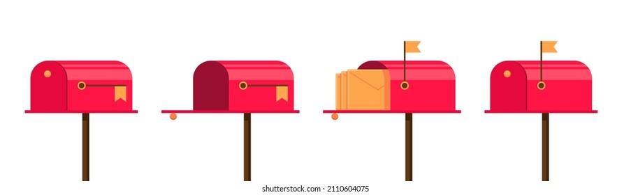 Red Mailbox Set. Closed And Open, Raised Flag And Letter Inside. Empty Post Box And With Envelope. Letterboxes Illustration. Vector Eps Postboxes