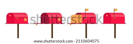 Red mailbox set. Closed and open, raised flag and letter inside. Empty post box and with envelope. Letterboxes illustration. Vector eps postboxes