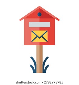 A red mailbox with a yellow envelope on a wooden post outdoors in a garden or yard setting