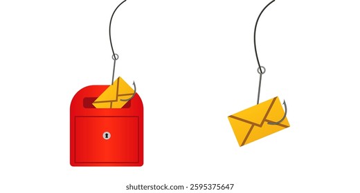 Red mailbox with yellow envelopes on hooks, symbolizing email phishing or data theft concepts.