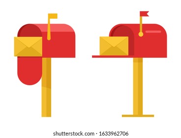 Red mailboxes with yellow envelope isolated on white background. Vector illustration