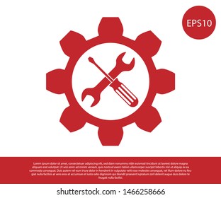 Red Maintenance symbol - wrench and screwdriver in gear icon isolated on white background. Service tool symbol.  Vector Illustration