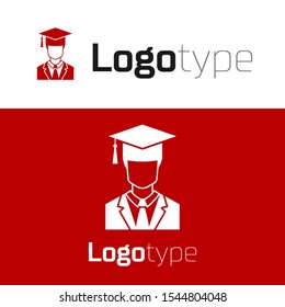 Red Male graduate student profile with gown and graduation cap icon isolated on white background. Logo design template element. Vector Illustration