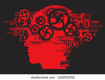 
Red male head,burnout syndrome concept.
Illustration of Stylized silhouette of Man with gear and binary codes.Vector available.