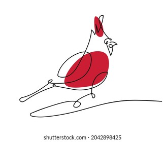Red Male Northern Cardinal. One continuous line drawing Red bird with crested. Hand Drawn Bird Linear Vector sketch isolated. New year, Christmas, winter, season symbol. Bright red bird. Cardinalis