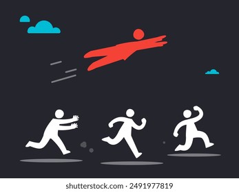 A red man is flying over running people. Isolated Vector Illustration