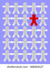 Red man paper cut difference from another white group on pale blue background