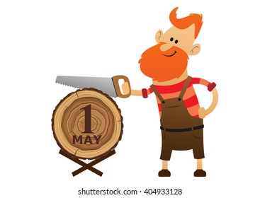 red man sawing a log saw illustration