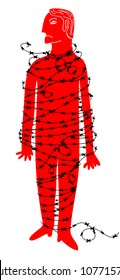 red man tied with barbed wire, isolated