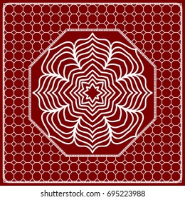 Red mandala background, geometric pattern with ornate lace frame. Vector illustration. for Scarf Print, Fabric, Covers, Scrapbooking, Bandana, Pareo, Shawl, Carpet design.