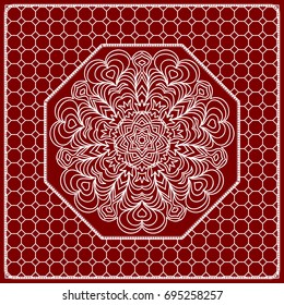 Red mandala background, geometric pattern with ornate lace frame. Vector illustration. for Scarf Print, Fabric, Covers, Scrapbooking, Bandana, Pareo, Shawl, Carpet design.
