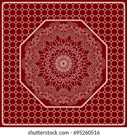 Red mandala background, geometric pattern with ornate lace frame. Vector illustration. for Scarf Print, Fabric, Covers, Scrapbooking, Bandana, Pareo, Shawl, Carpet design.