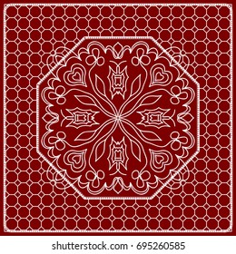 Red mandala background, geometric pattern with ornate lace frame. Vector illustration. for Scarf Print, Fabric, Covers, Scrapbooking, Bandana, Pareo, Shawl, Carpet design.