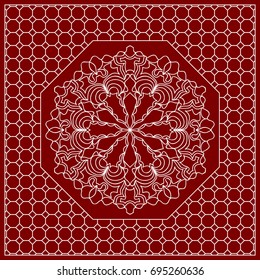Red mandala background, geometric pattern with ornate lace frame. Vector illustration. for Scarf Print, Fabric, Covers, Scrapbooking, Bandana, Pareo, Shawl, Carpet design.