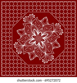 Red mandala background, geometric pattern with ornate lace frame. Vector illustration. for Scarf Print, Fabric, Covers, Scrapbooking, Bandana, Pareo, Shawl, Carpet design.