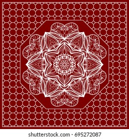 Red mandala background, geometric pattern with ornate lace frame. Vector illustration. for Scarf Print, Fabric, Covers, Scrapbooking, Bandana, Pareo, Shawl, Carpet design.