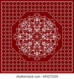 Red mandala background, geometric pattern with ornate lace frame. Vector illustration. for Scarf Print, Fabric, Covers, Scrapbooking, Bandana, Pareo, Shawl, Carpet design.