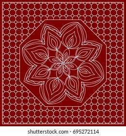 Red mandala background, geometric pattern with ornate lace frame. Vector illustration. for Scarf Print, Fabric, Covers, Scrapbooking, Bandana, Pareo, Shawl, Carpet design.