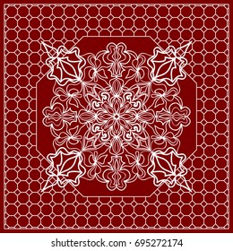 Red mandala background, geometric pattern with ornate lace frame. Vector illustration. for Scarf Print, Fabric, Covers, Scrapbooking, Bandana, Pareo, Shawl, Carpet design.