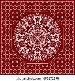 Red mandala background, geometric pattern with ornate lace frame. Vector illustration. for Scarf Print, Fabric, Covers, Scrapbooking, Bandana, Pareo, Shawl, Carpet design.