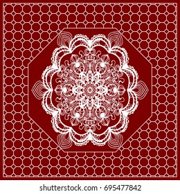 Red mandala background, geometric pattern with ornate lace frame. Vector illustration. for Scarf Print, Fabric, Covers, Scrapbooking, Bandana, Pareo, Shawl, Carpet design.