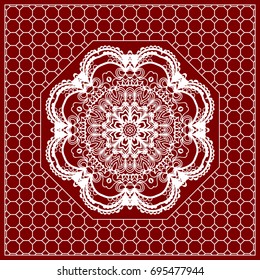 Red mandala background, geometric pattern with ornate lace frame. Vector illustration. for Scarf Print, Fabric, Covers, Scrapbooking, Bandana, Pareo, Shawl, Carpet design.